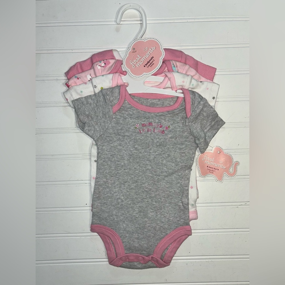 First Moments Newborn 4 Pk Bodysuits 5-8 Lbs 100% Cotton New with Tags